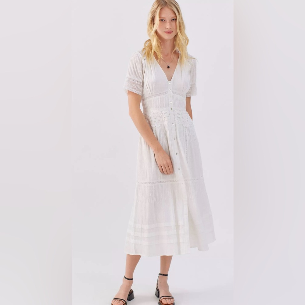 ASTR the Label Honeymoon Lace Midi Dress‎ White Size S Pin-tuck Lace Cotton NWT